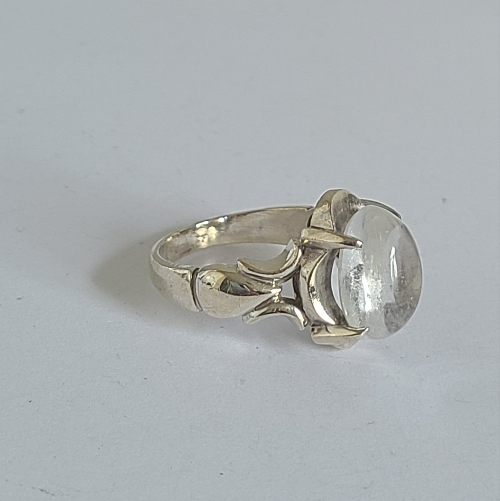 Vintage Victorian Boho Clear Quartz Cabochon Sterling Silver Cocktail Ring - Picture 10 of 13